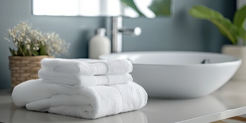 Wall Mural - stack of white towels sitting on top of a counter next to a flowers