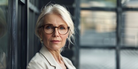 Wall Mural - woman with glasses looking at the camera with a serious look on her face