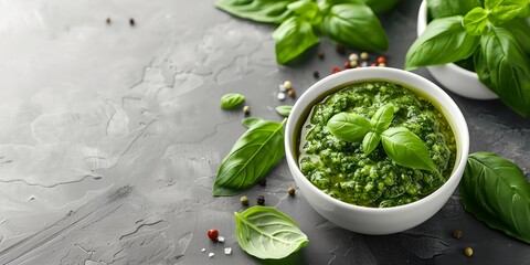 Wall Mural - a bowl of pesto with basil leaves and pepper flakes on a table