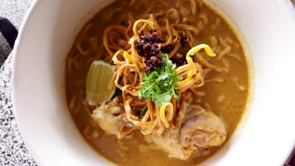 Wall Mural - Khao Soi Recipe,Khao Soi,Khao Soi Kai, Thai Noodles Khao Soi, Chicken Curry with seasoning served