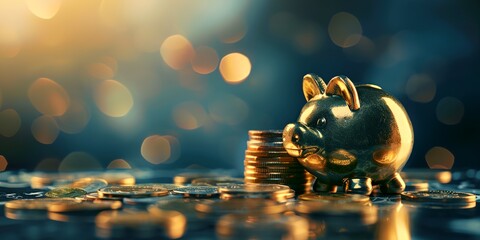 Poster - a piggy bank sitting on top of a pile of coins with a blurry background
