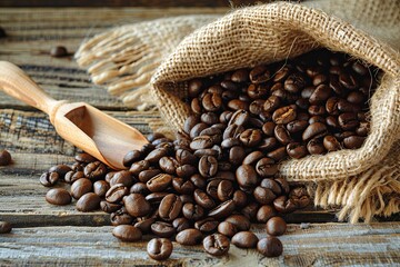 Canvas Print - Coffee Beans in a Burlap Sack with a Wooden Scoop