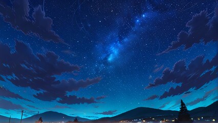 Night scape sky stars Anime style illustration, flat vector illustration, anime background