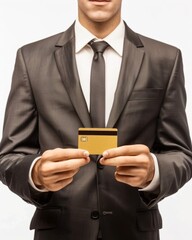 Businessman holds a credit card as a symbol of financial transactions and corporate spending.