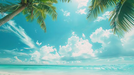 Wall Mural - Tropical Beach Panorama with White Sand and Coco Palms - Travel Tourism Banner Concept