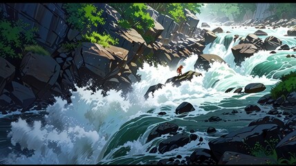 River water flowing through forest rocks Anime style illustration, flat vector illustration, anime background