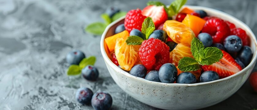 Bowl of fresh, organic fruit salad, perfect for a healthy diet, with a clean background for copy space