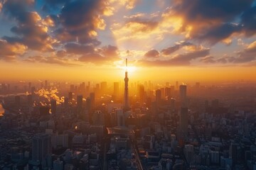 Wall Mural - Tokyo cityscape drone view at sunrise with Tokyo Sky Tree.