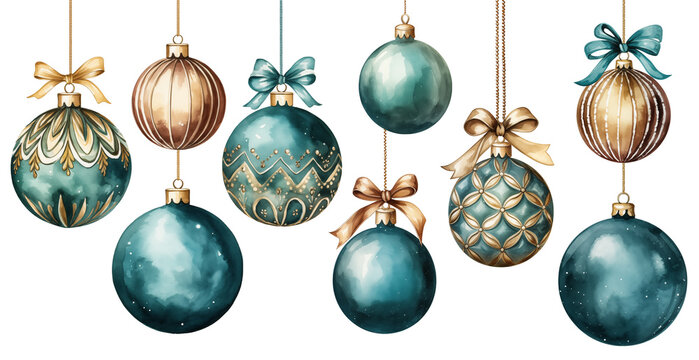 Watercolor set of elegant Christmas tree balls in teal and gold with intricate designs and bows, isolated on white background.