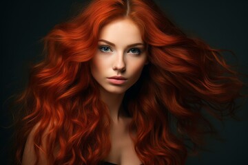 Wall Mural - Elegant woman with vibrant red hair and captivating blue eyes against a dark background