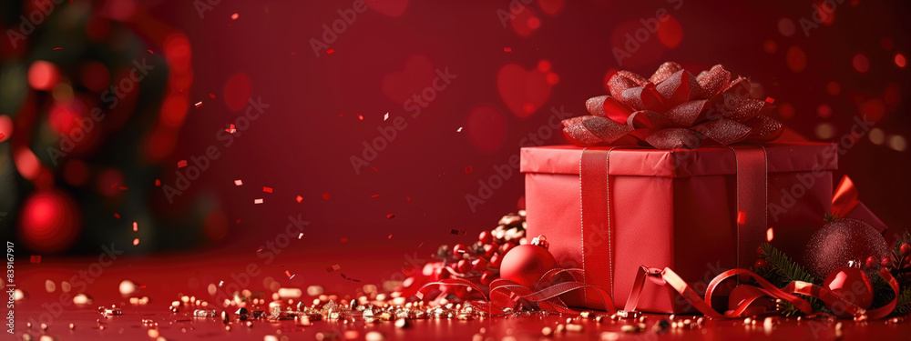 Christmas gift box illustration. Red festive gift box with ribbon and ...
