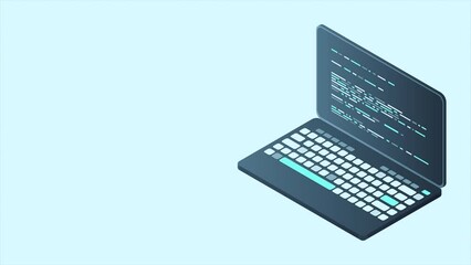 Fototapete - Isometric laptop animation. 3d isometric laptop computer. Abstract programming language and program code on a laptop screen. 4K video animated in isometric style