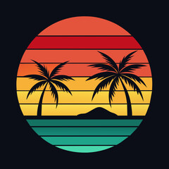 Sticker - vintage t-shirt design beach with palm trees and sun and bike  .