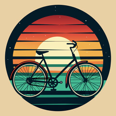 vintage t-shirt design beach with palm trees and sun and bike  .