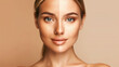 © StellaPattaya - portrait of a young woman on a beige background with and without tanned skin, before and after a sunny summer tan, color and tone of facial skin, beauty and foundation concept, solarium effect
