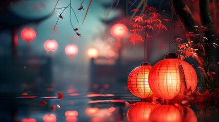 Wall Mural - Chinese red lantern in the night of Chinese New Year of happiness