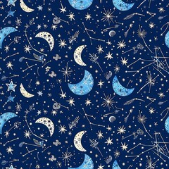 Wall Mural - Celestial Dreams: Moon, Stars, and Constellations on Midnight Blue
