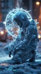 Canvas Print - Cryogenic Cyborg Warrior Kneeling in Glowing Energy Sphere Against Gritty Urban Backdrop