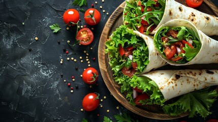 Platter of fresh vegetarian wraps filled with organic vegetables, ideal for a healthy diet, with copy space