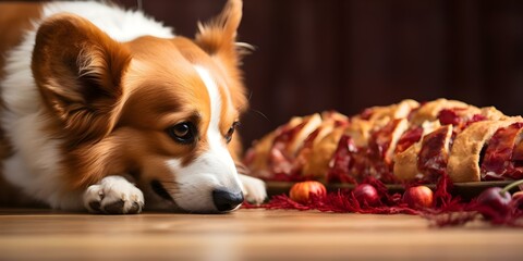 Closeup side view of a red corgi eating scattered dry food. Concept Pets, Animals, Corgi, Closeup, Food