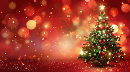 Poster - Christmas Tree With Ornament And Bokeh Lights In Red Background