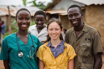 A multicultural team of missionaries from Europe, America, Africa, and Asia working together to construct a community center in a developing country, showcasing unity and cooperation