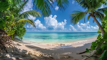 Wall Mural - Tropical Paradise: Panoramic View of a Stunning Beach with Turquoise Waters and Palm Trees