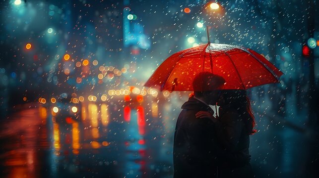 A couple sharing a kiss under a red umbrella on a rainy background