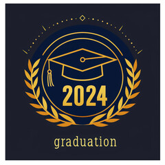 Wall Mural - Class of 2024 emblem, graduation cap with laurel wreath in gold color. Black clean background. Generative AI