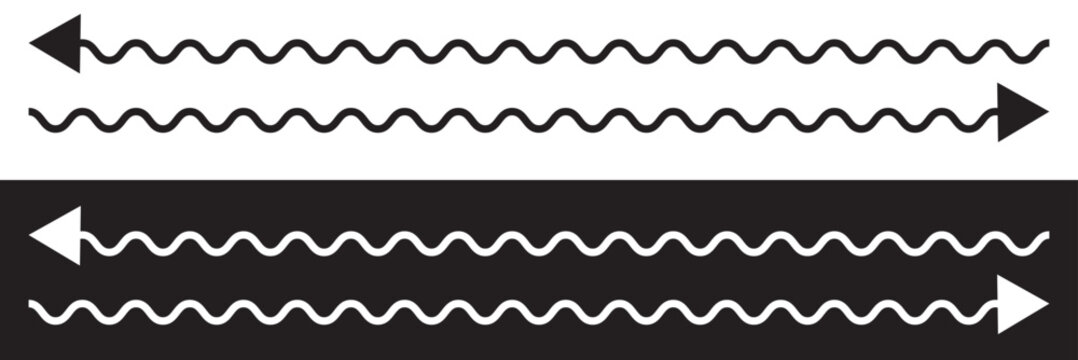 Arrow wavy black vector icon. Simple black arrow vector. Pointer to the right vector arrow on white and black background. Vector illustration.