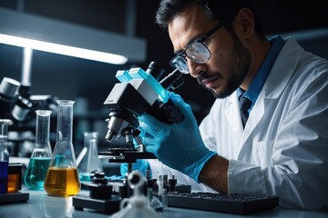 Lab, microscope and scientist man in science career, experiment and microbiologist with organism for research study, Virus, bacteria and biotechnology innovation, professional and people or test tube