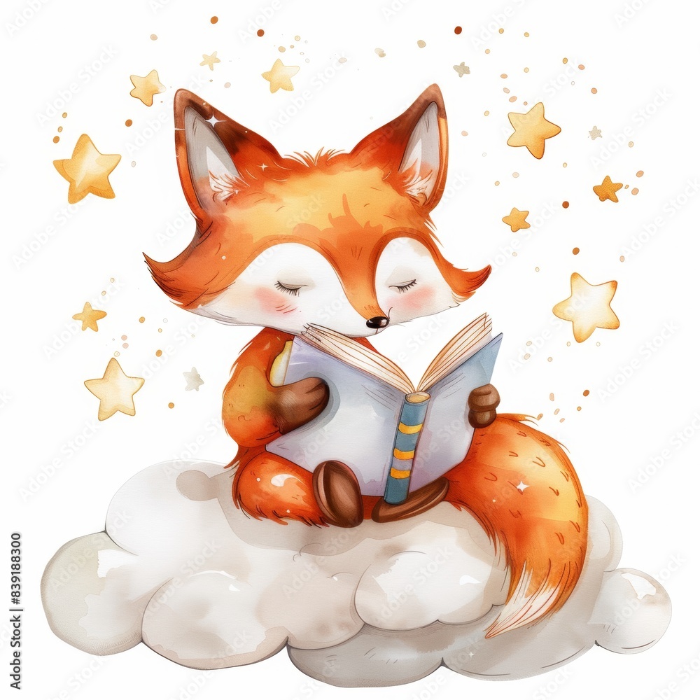 cute fox reading a book on a cloud, in the clipart style, white ...