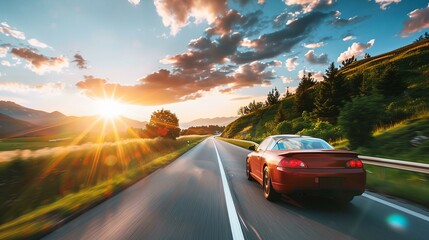 Wall Mural - a red sports car driving down a road at sunset