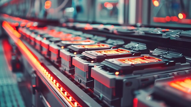 Close-up of Industrial-Grade Batteries Aligned on Production Conveyor Belt