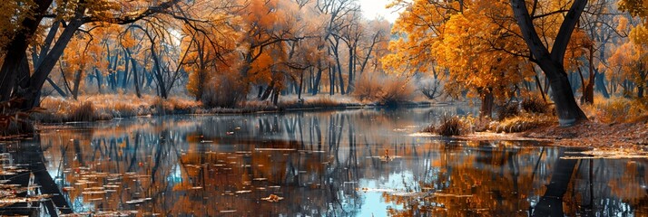 Canvas Print - a river surrounded by trees with yellow leaves on it