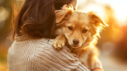 Wall Mural - a woman holding a small dog in her arms outside at sunset