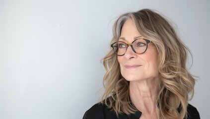 Wall Mural - Attractive, confident middle aged woman with glasses looking to the side and smiling softly against a clean white background.