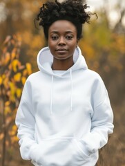 Young black woman wearing a white sweater with hood in autumn. White hoodie mockup.