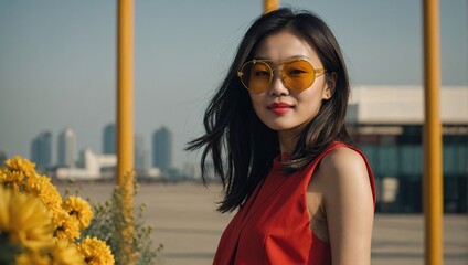 Woman sunglasses beauty asian emotion smiling yellow fashion portrait goggles red