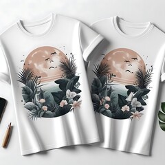 Wall Mural - A couple of white template t shirt mockup with plants and a pen and a phone.