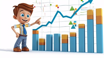 A 3D cartoon character pointing to a stock market ticker with an upward trend on a white background