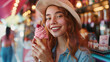 © chekart - A young gentle sweet cheerful teenage woman holds a delicious cold raspberry ice cream in a waffle cone in her hand. She smiles and enjoys her treat in the cafe