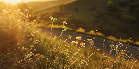 Wall Mural - mountain roadside with wildflowers, close-up on blooms against a backdrop of a winding road, golden 