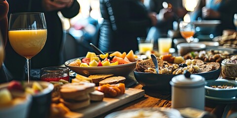 Canvas Print - Closeup of people enjoying various snacks near a table during a coffee break.