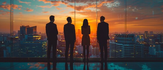 Wall Mural - Back view group of business people executive standing in modern big city looking and dreaming of future business success