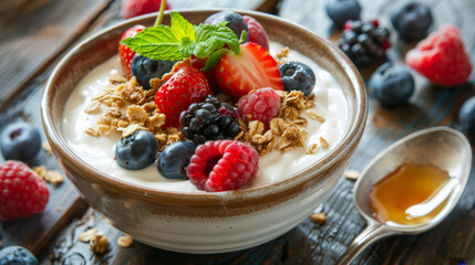 Wall Mural - Delicious yogurt topped with fresh strawberries, blueberries, raspberries, blackberries, granola, and mint, served with a drizzle of honey. Yogurt with Fresh Berries and Granola Topping

