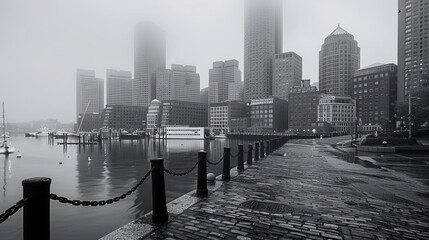 Wall Mural - misty morning in boston harbor monochromatic cityscape of financial district black and white photo