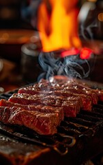 Wall Mural - Thin slices of raw beef on a beef grill, meat starting to sear and sizzle, authentic Japanese restaurant, table side grilling,