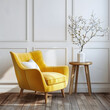 © Village - Modern wooden living , Living room interior has an yellow armchair on empty dark white wall background, room, Light room with sofa and armchair on empty dark White wall background,