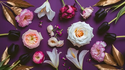 Flat lay composition with different beautiful flowers on violet background